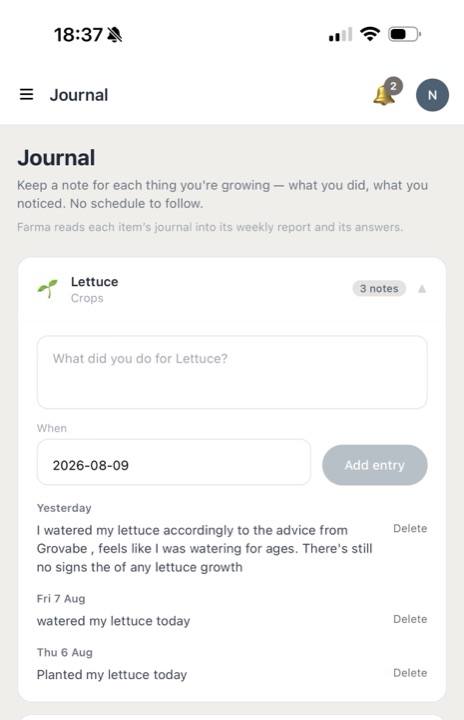 Grovabe journal with free-text notes logged against a lettuce crop